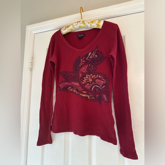 Lucky Brand Maroon Waffle Knit Tee | Size S | 90s Y2K Style Boho Long Sleeve - Picture 2 of 6